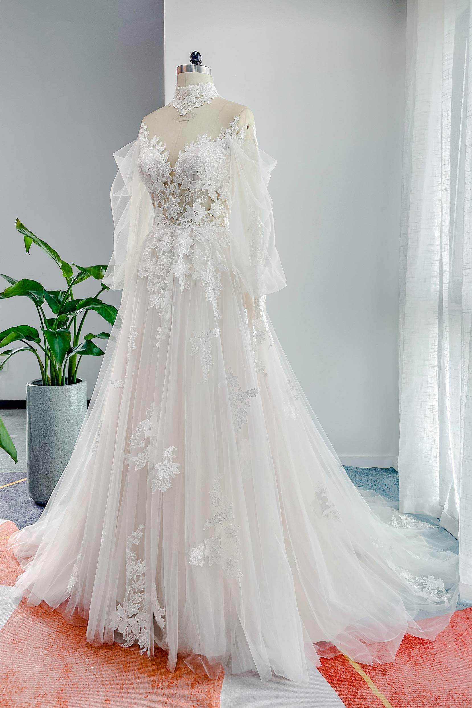 Elegant A Line Court Train Lace Tulle Wedding Dress Wedding Dress