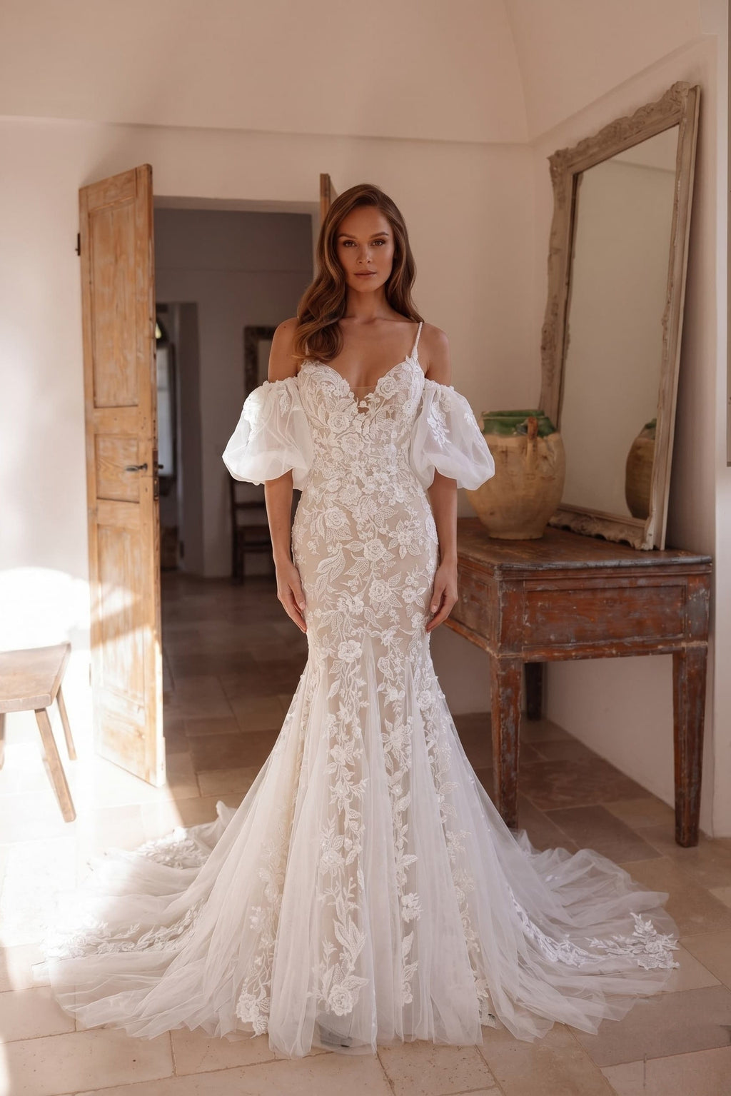 Elegant Trumpet Mermaid Chapel Train Lace Tulle Wedding Dress Wedding Dress