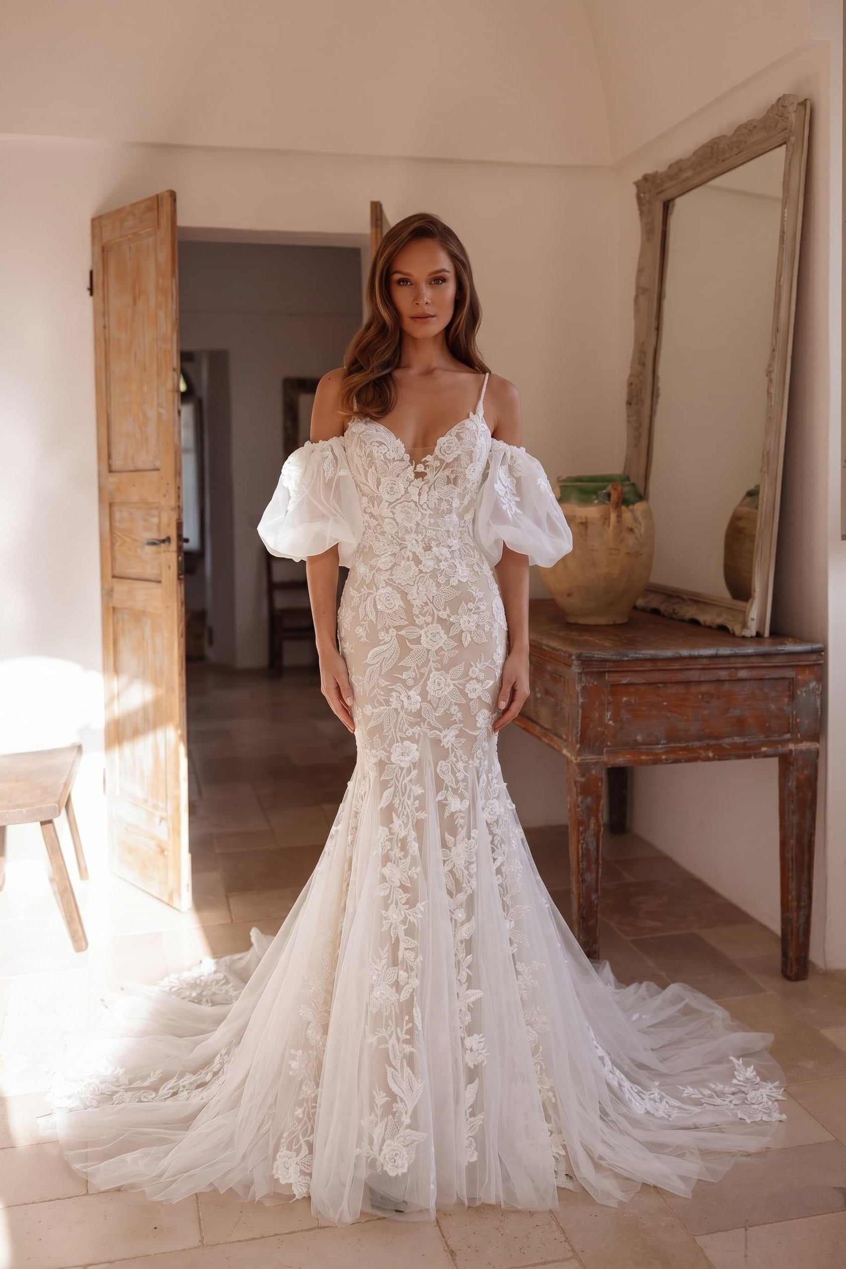 Elegant Trumpet Mermaid Chapel Train Lace Tulle Wedding Dress Wedding Dress
