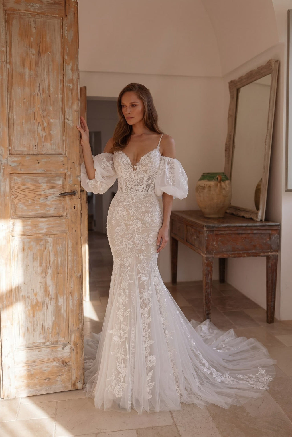 Elegant Trumpet Mermaid Chapel Train Lace Tulle Wedding Dress Wedding Dress