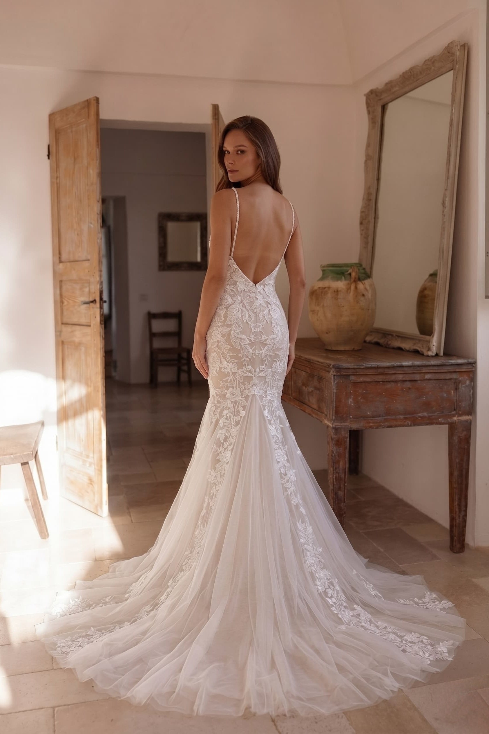 Elegant Trumpet Mermaid Chapel Train Lace Tulle Wedding Dress Wedding Dress