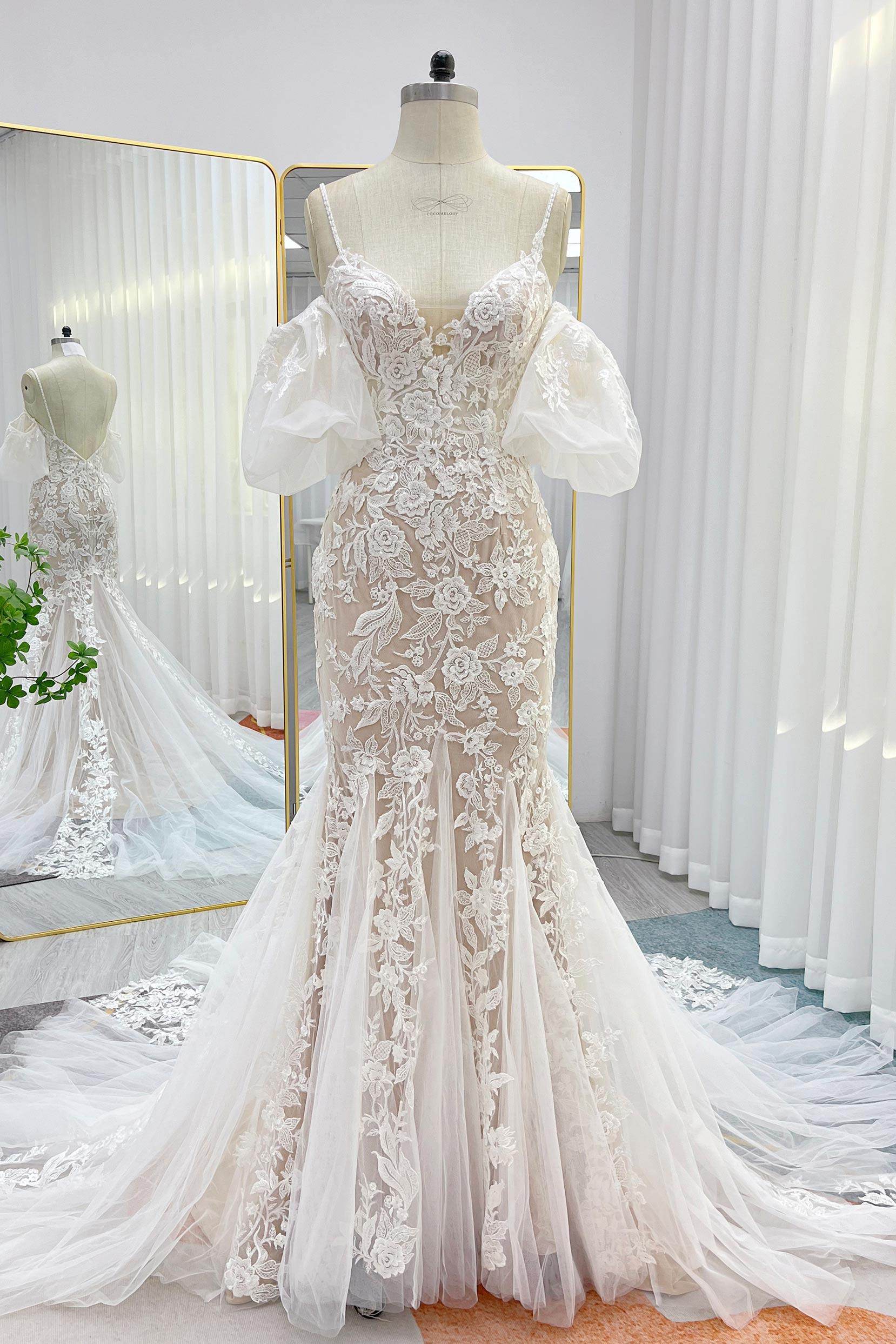 Elegant Trumpet Mermaid Chapel Train Lace Tulle Wedding Dress Wedding Dress