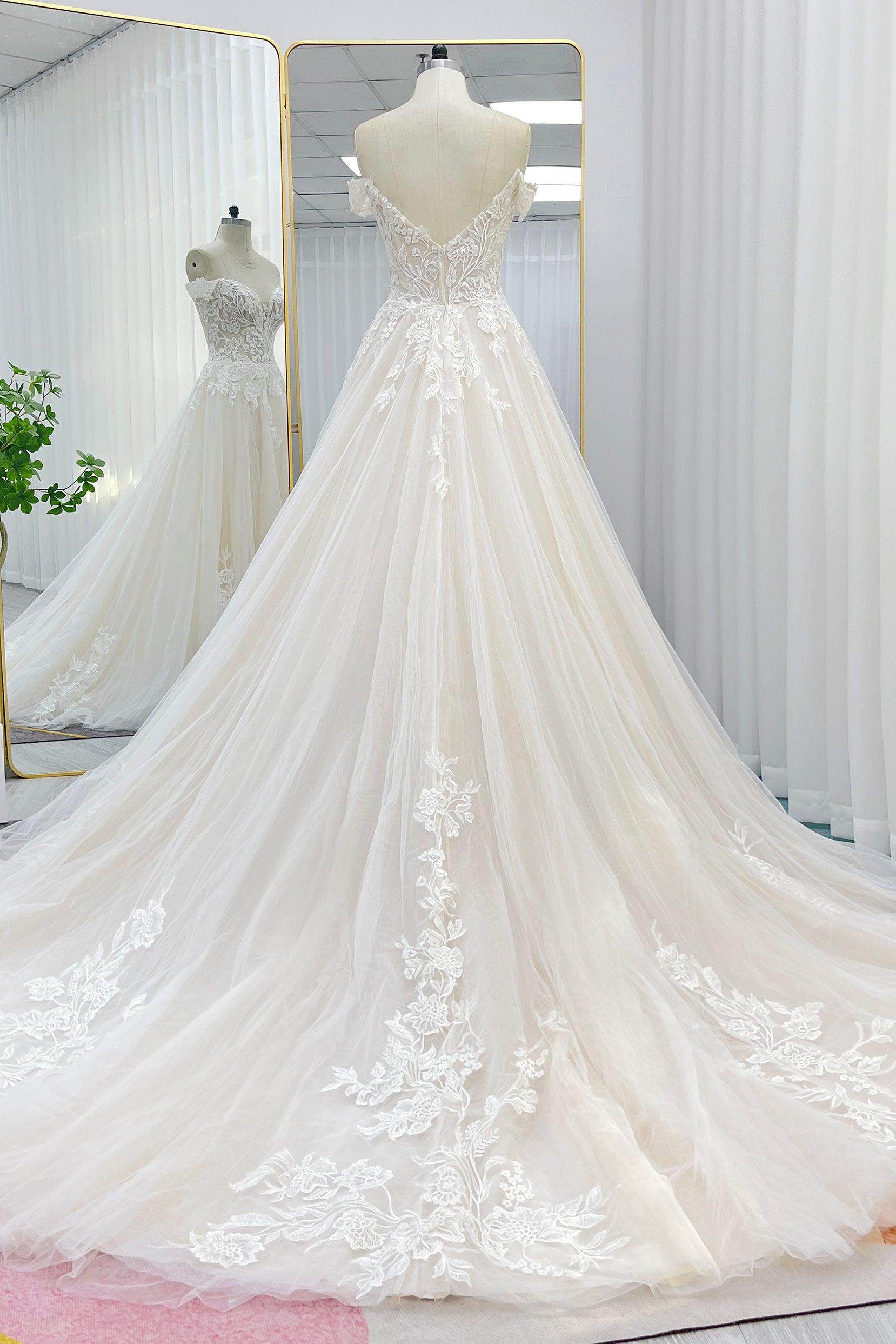 Elegant A Line Chapel Train Lace Tulle Wedding Dress Wedding Dress