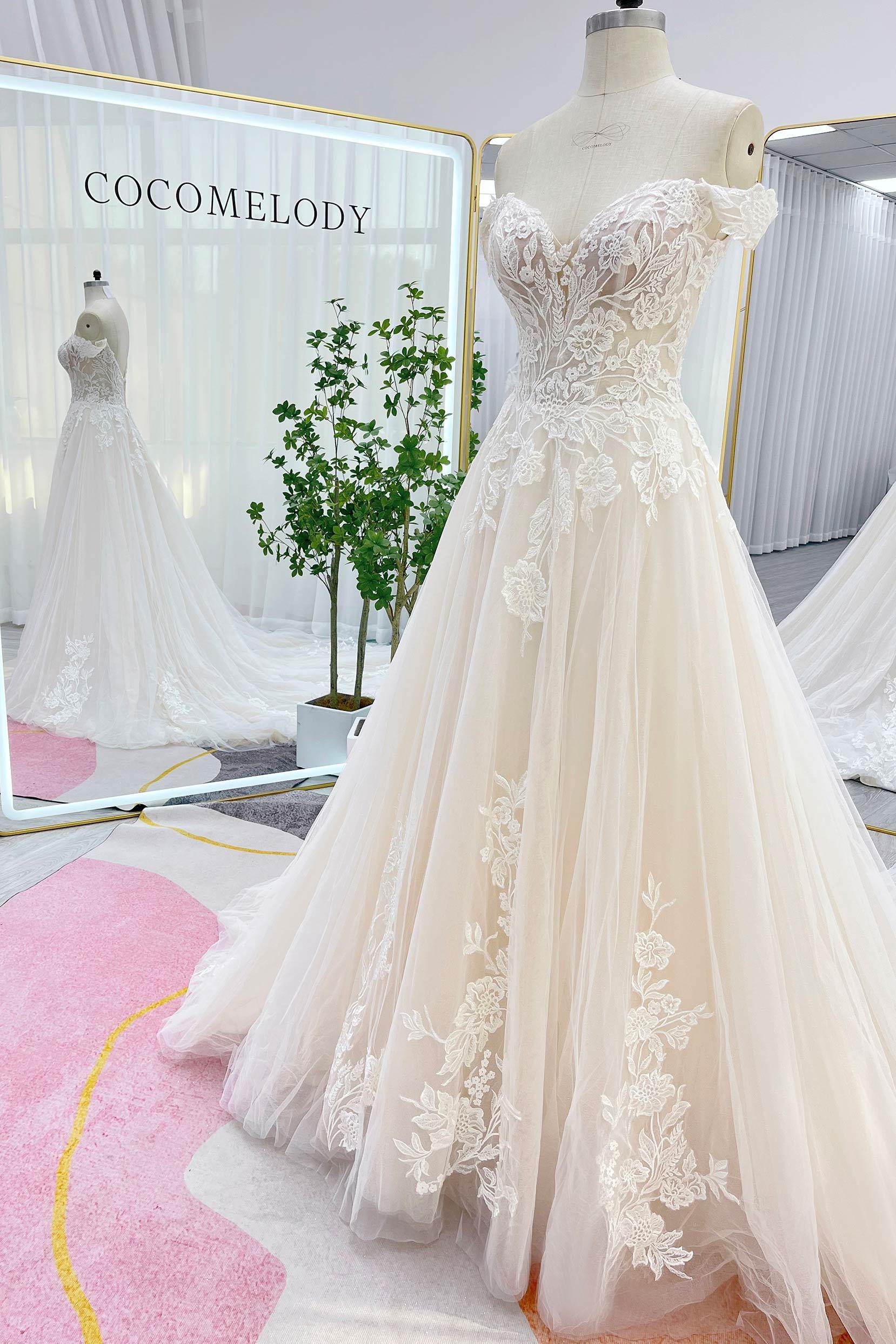 Elegant A Line Chapel Train Lace Tulle Wedding Dress Wedding Dress