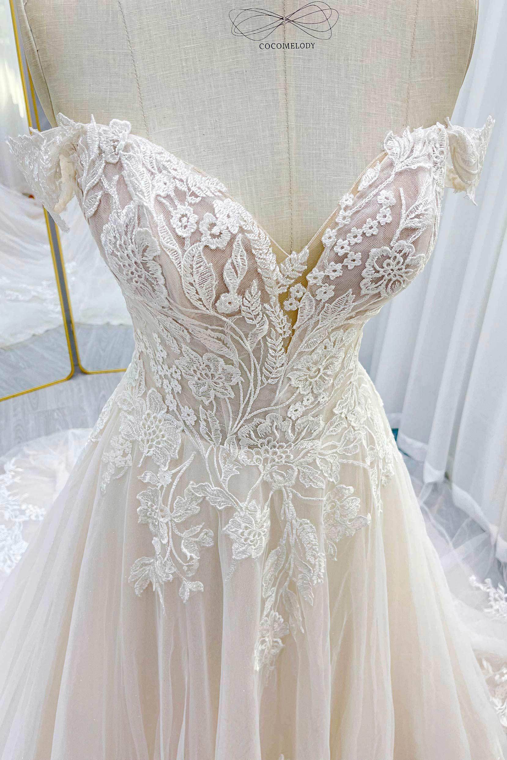 Elegant A Line Chapel Train Lace Tulle Wedding Dress Wedding Dress