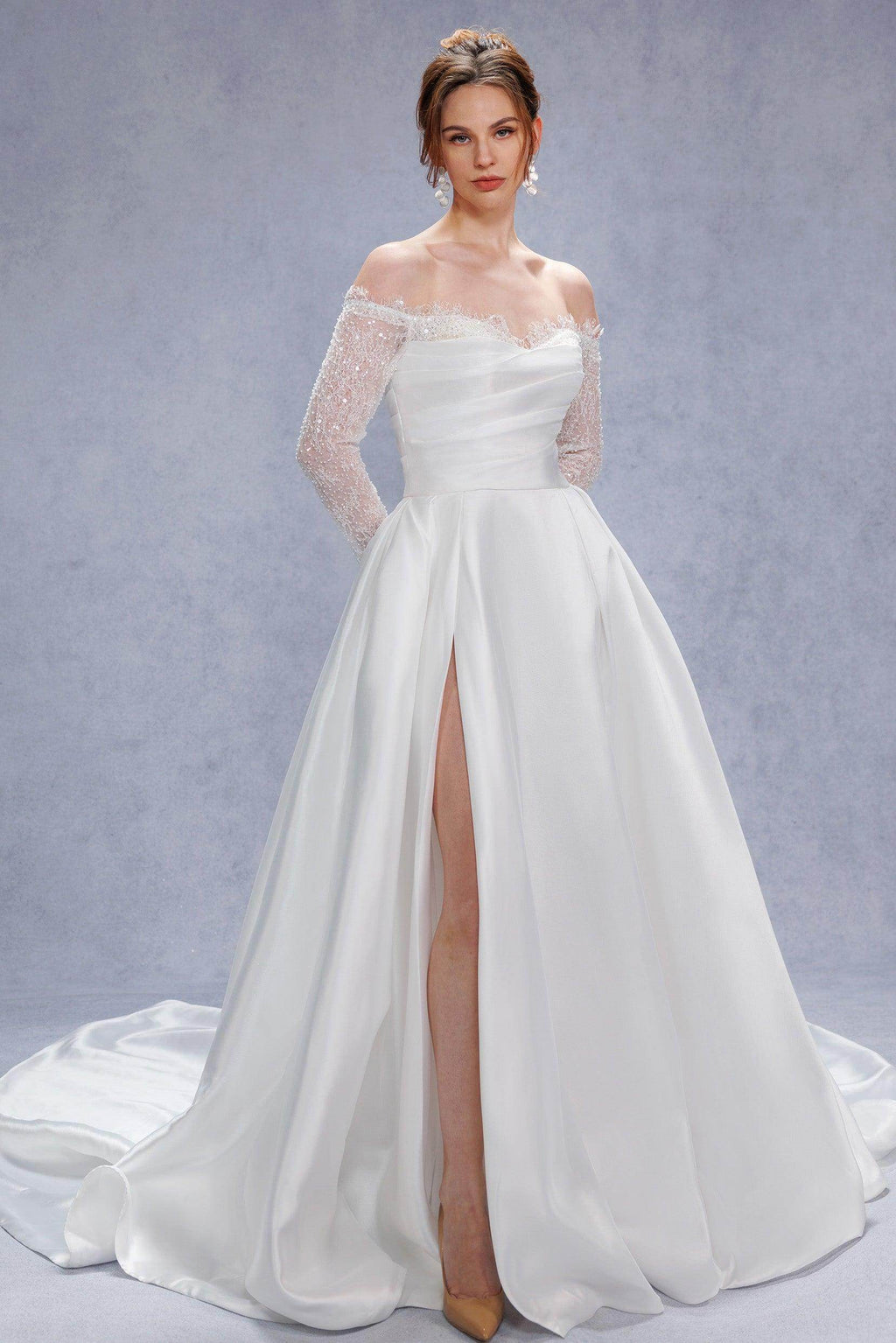 Elegant A Line Court Train Mikado Lace Wedding Dress Wedding Dress