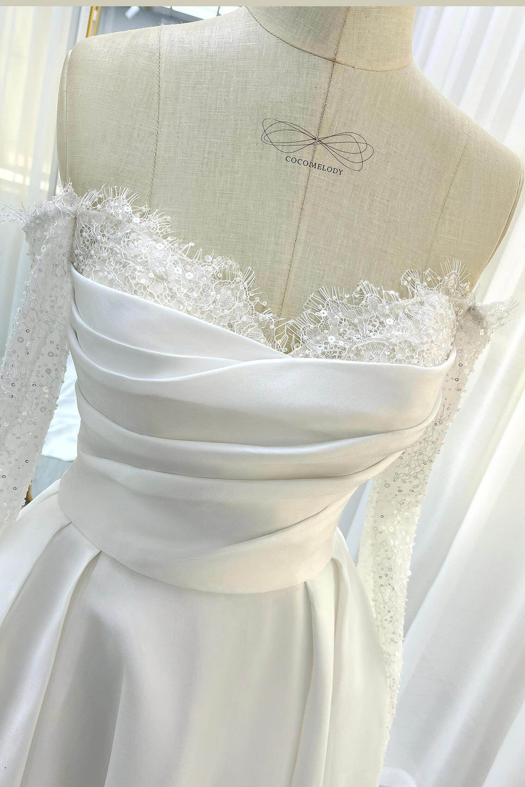 Elegant A Line Court Train Mikado Lace Wedding Dress Wedding Dress