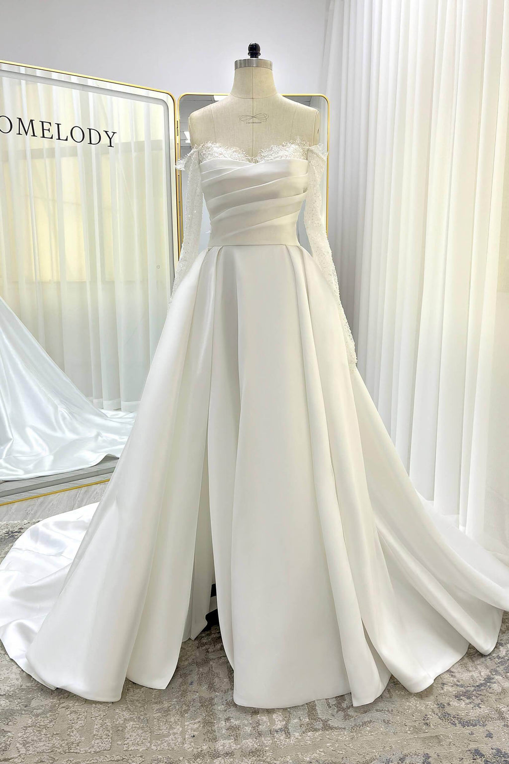 Elegant A Line Court Train Mikado Lace Wedding Dress Wedding Dress