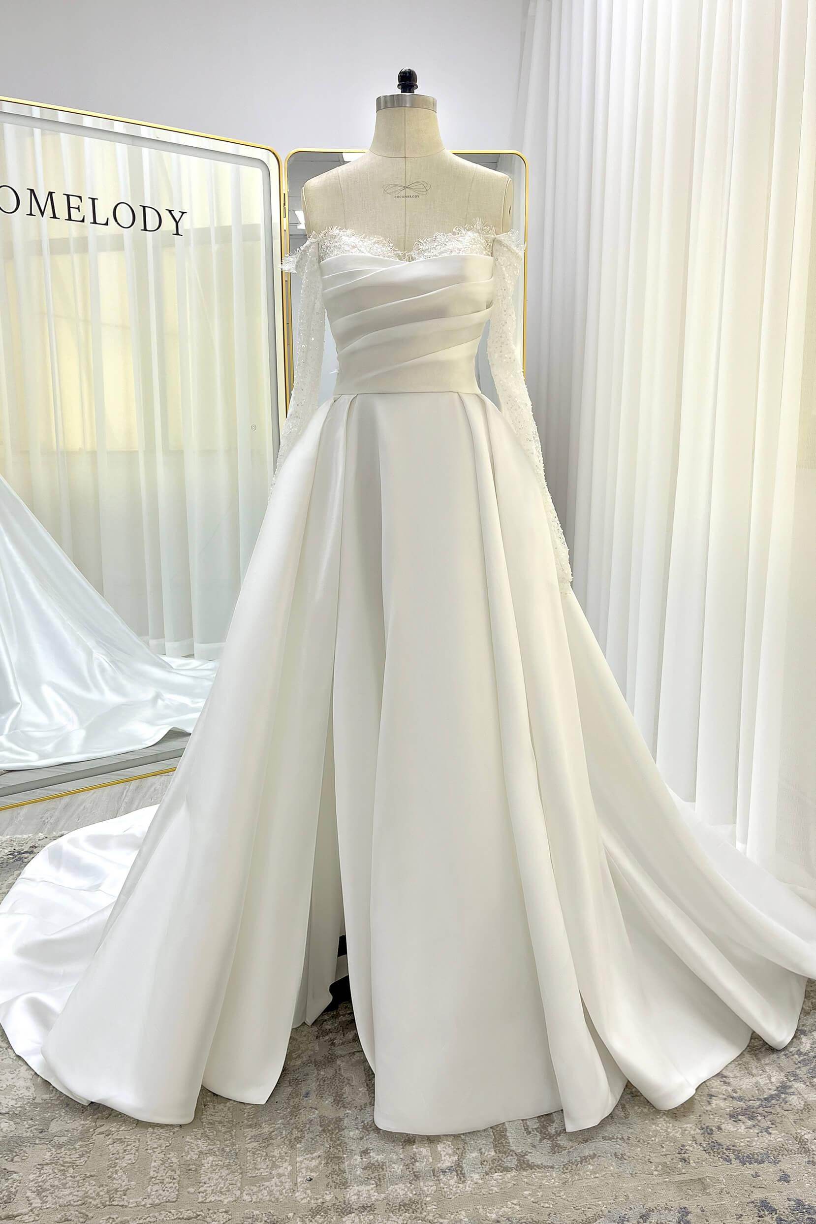 Elegant A Line Court Train Mikado Lace Wedding Dress Wedding Dress
