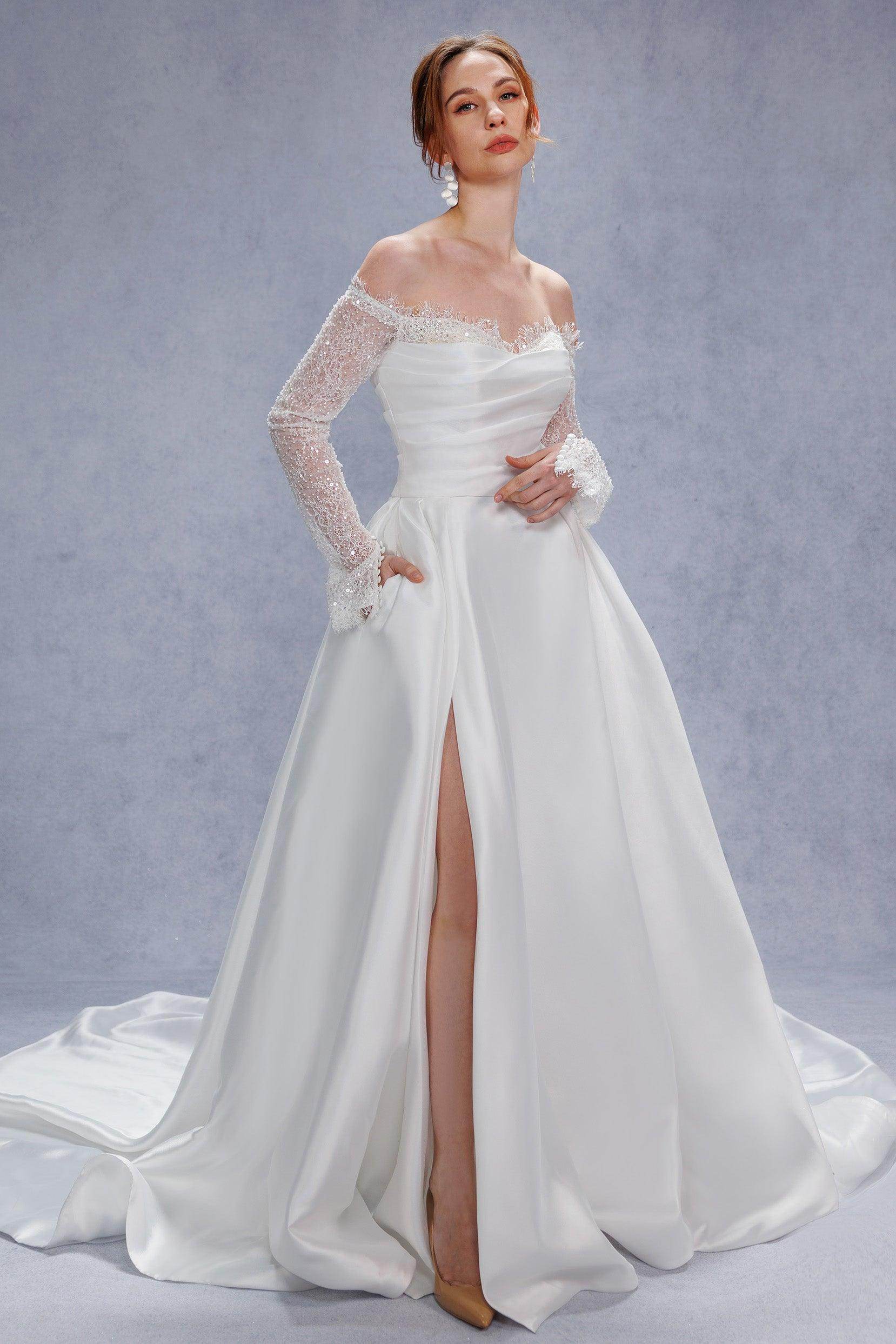 Elegant A Line Court Train Mikado Lace Wedding Dress Wedding Dress