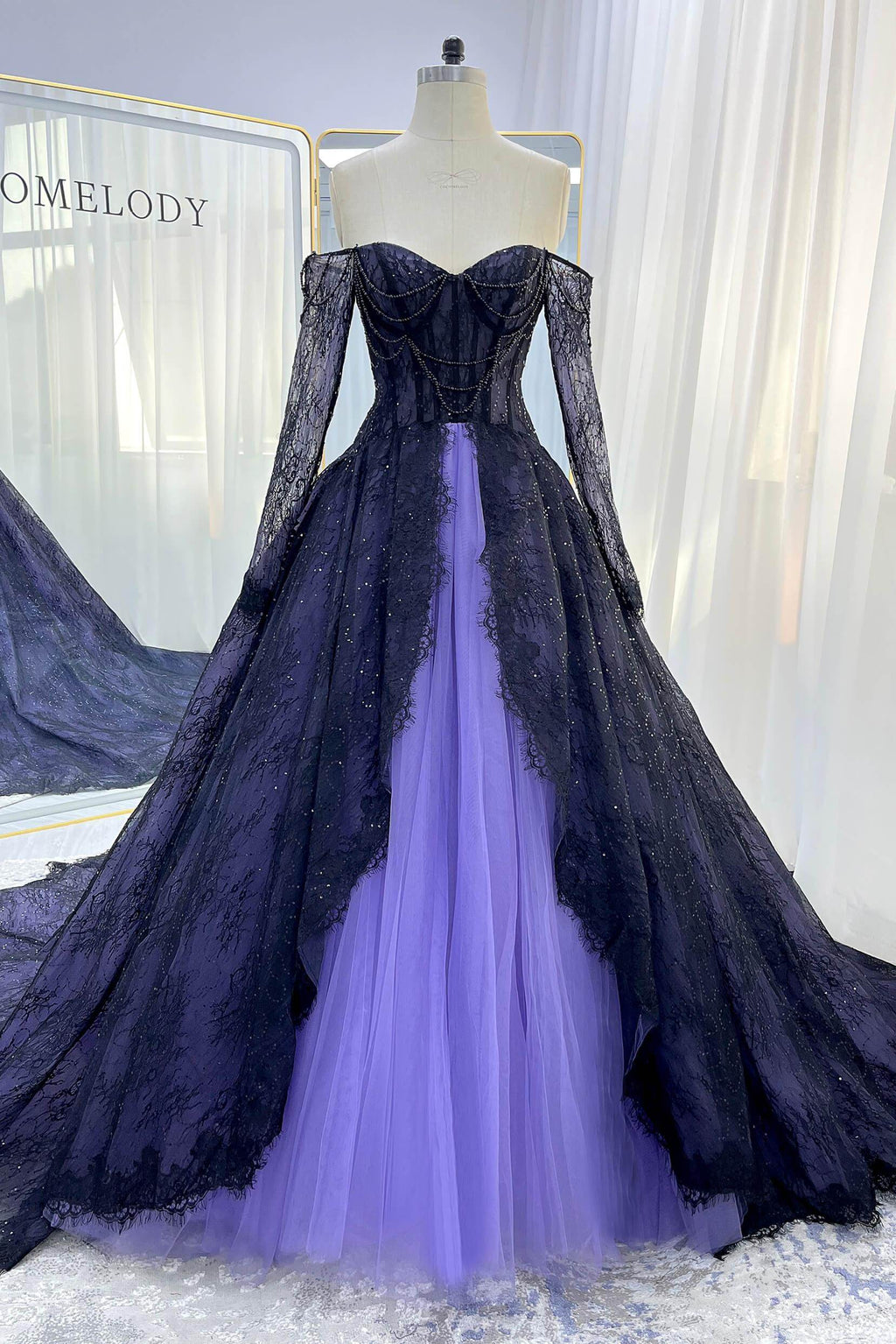 Elegant A Line Chapel Train Sequined Lace Tulle Wedding Dress Wedding Dress