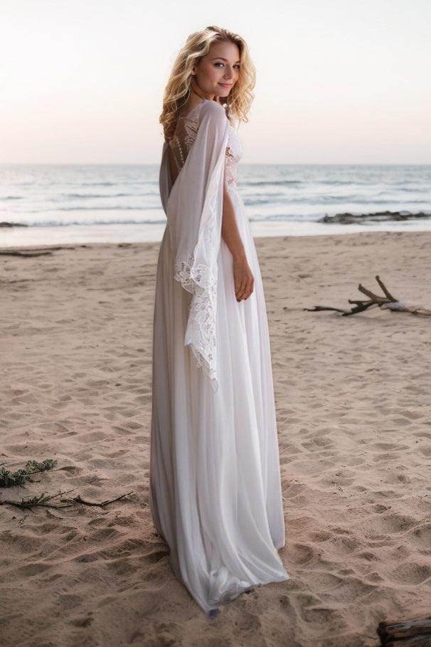 Elegant A Line Sweep Brush Train Lace Chiffon Wedding Dress Wedding Dress