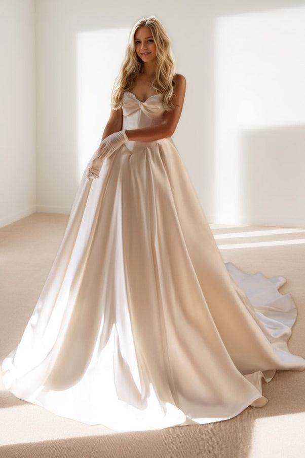 Elegant A Line Court Train Satin Wedding Dress Wedding Dress