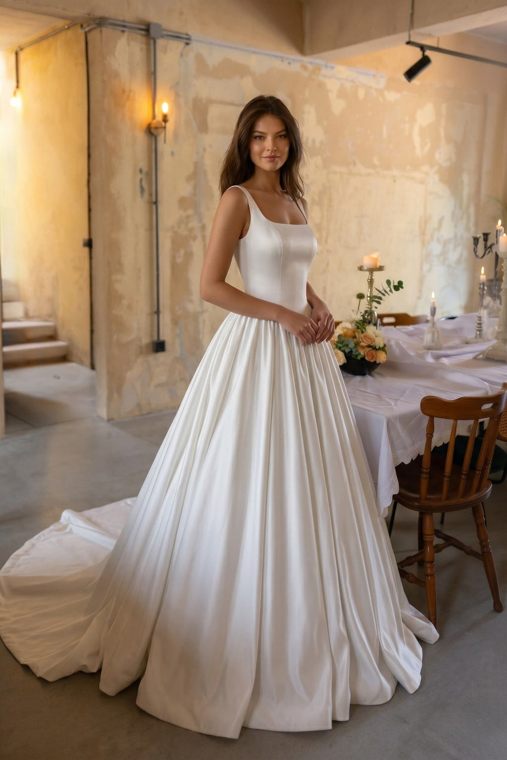 Elegant A Line Court Train Satin Wedding Dress Wedding Dress