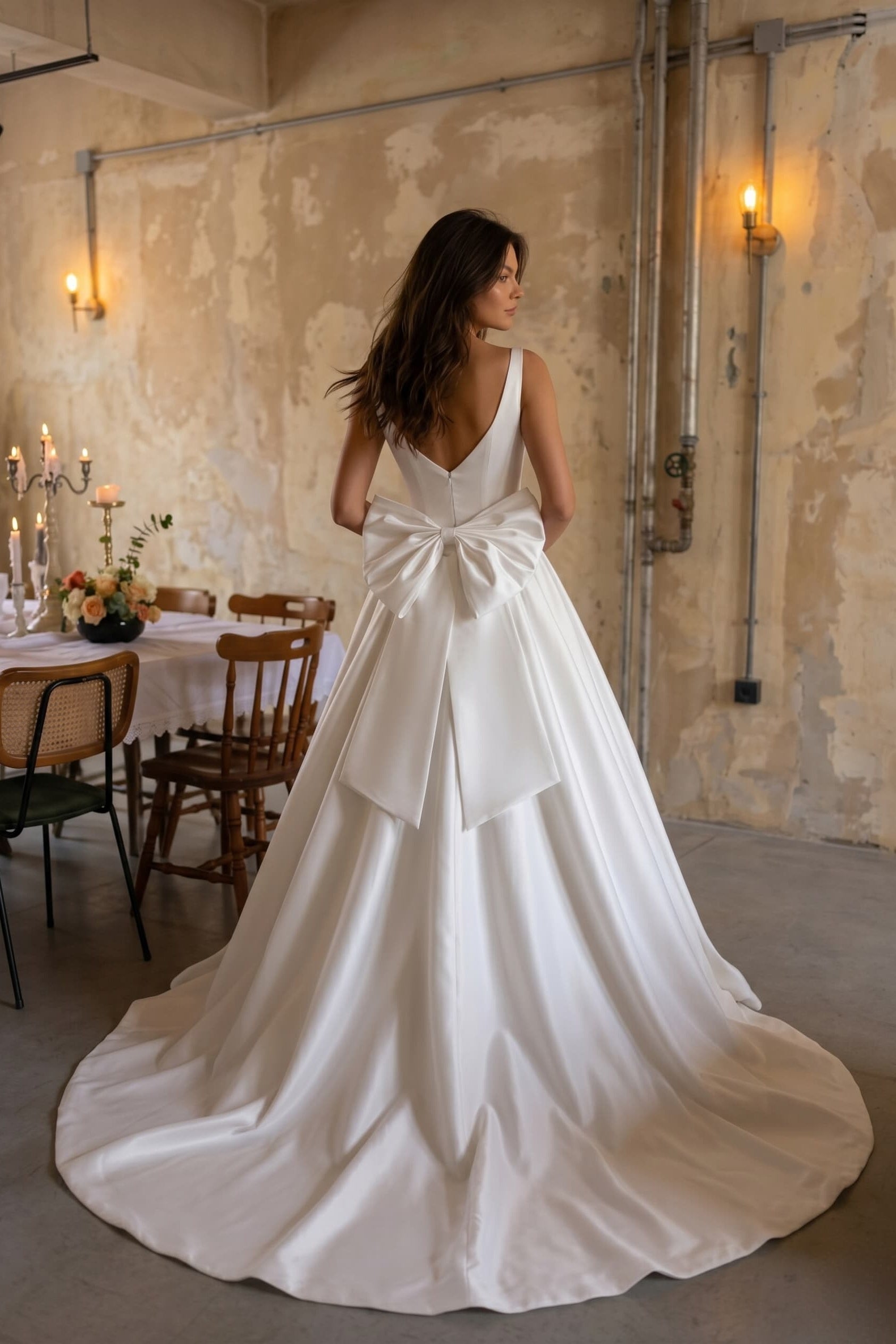Elegant A Line Court Train Satin Wedding Dress Wedding Dress