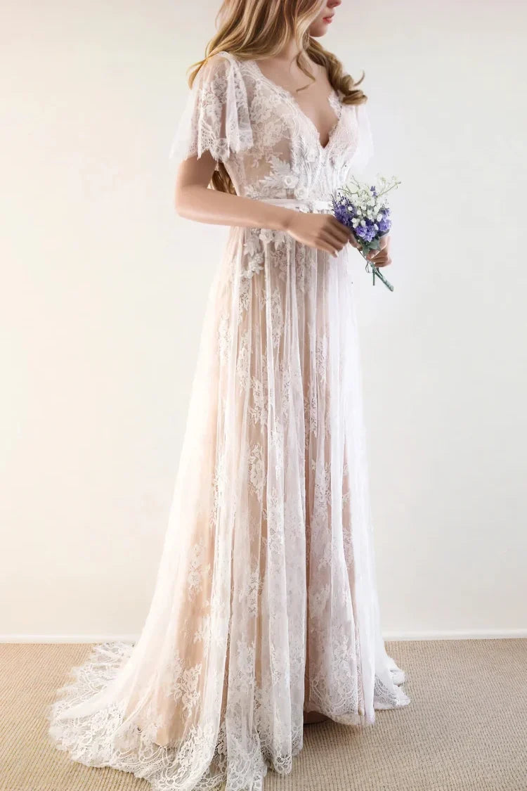 Elegant A Line Sweep Brush Train Lace Wedding Dress Wedding Dress