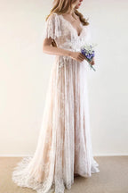 Elegant A Line Sweep Brush Train Lace Wedding Dress Wedding Dress