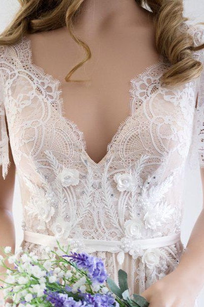 Elegant A Line Sweep Brush Train Lace Wedding Dress Wedding Dress