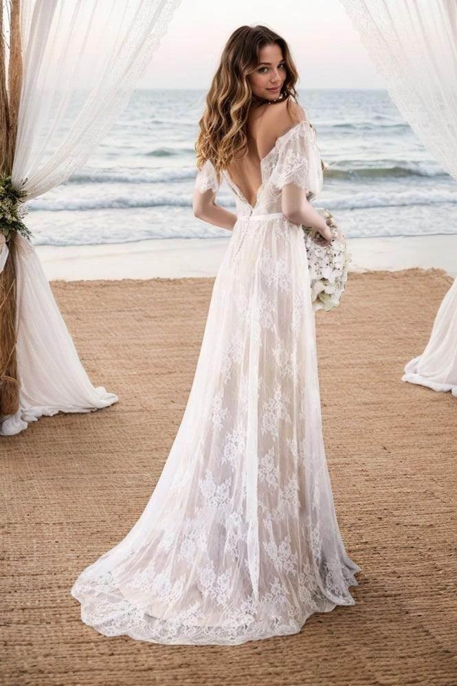 Elegant A Line Sweep Brush Train Lace Wedding Dress Wedding Dress