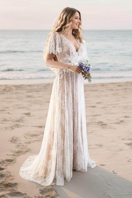 Elegant A Line Sweep Brush Train Lace Wedding Dress Wedding Dress
