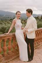 Elegant Halter Floor Length Chiffon Wedding Jumpsuit Wedding Dress