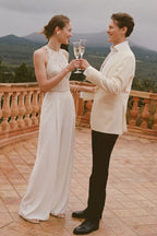 Elegant Halter Floor Length Chiffon Wedding Jumpsuit Wedding Dress