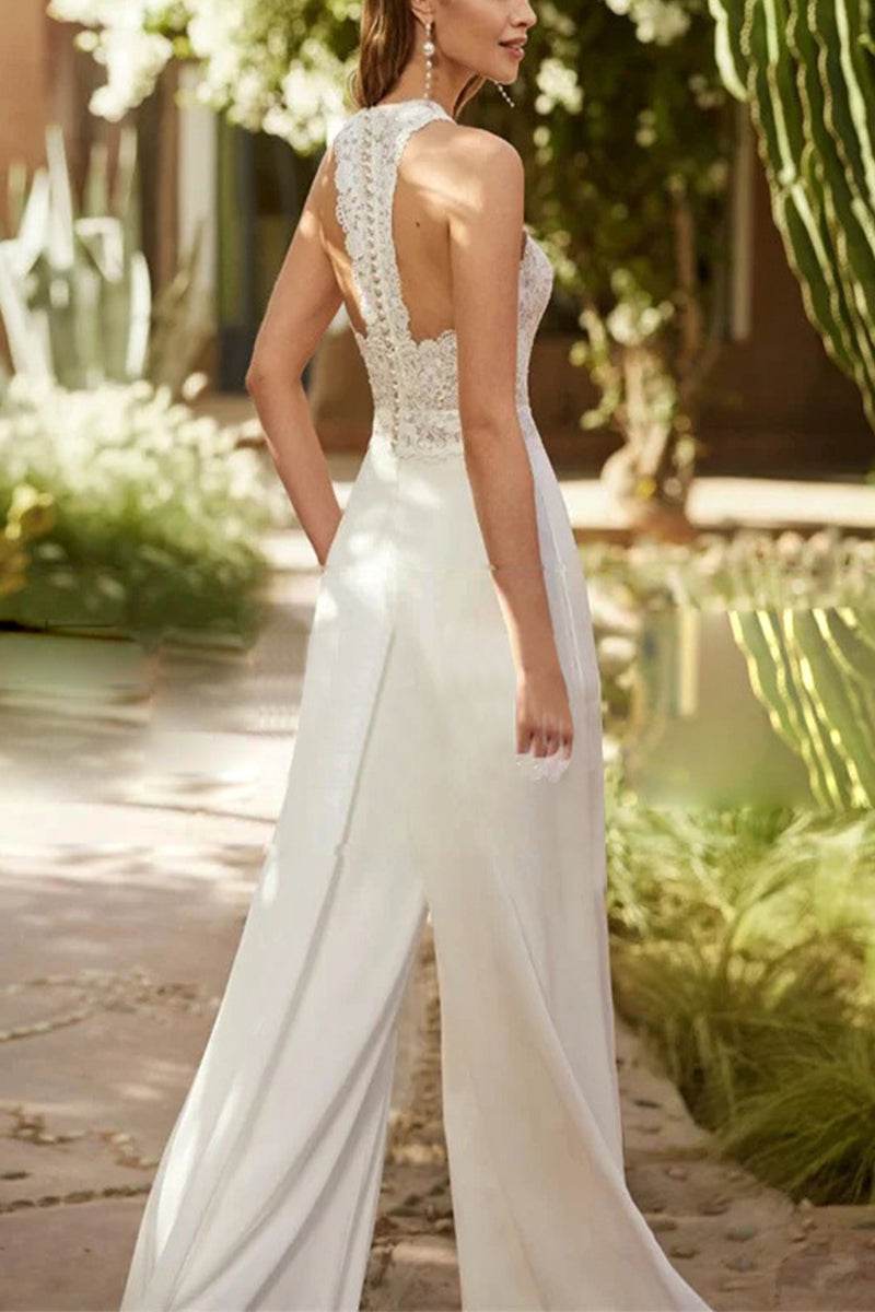 Elegant Halter Floor Length Chiffon Wedding Jumpsuit Wedding Dress