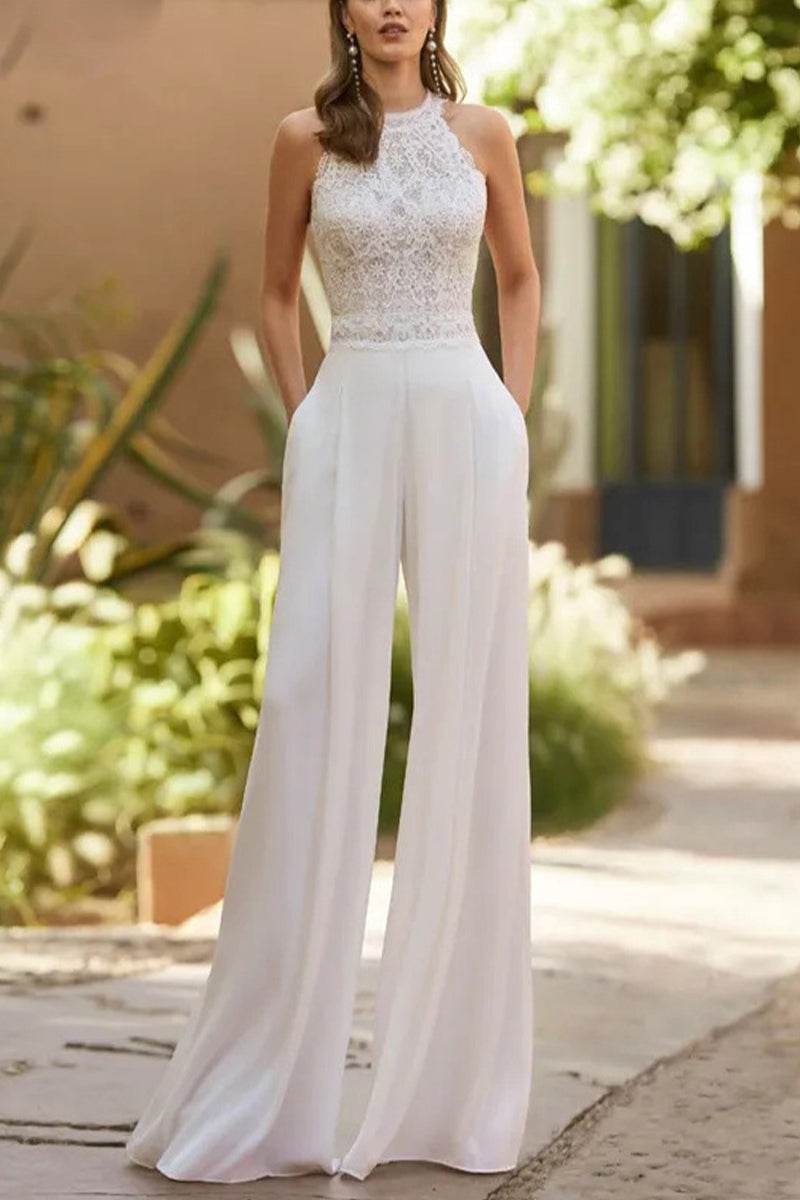Elegant Halter Floor Length Chiffon Wedding Jumpsuit Wedding Dress