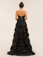 Sweetheart Light Blue Lace Appliques Ruffle Long Formal Gown