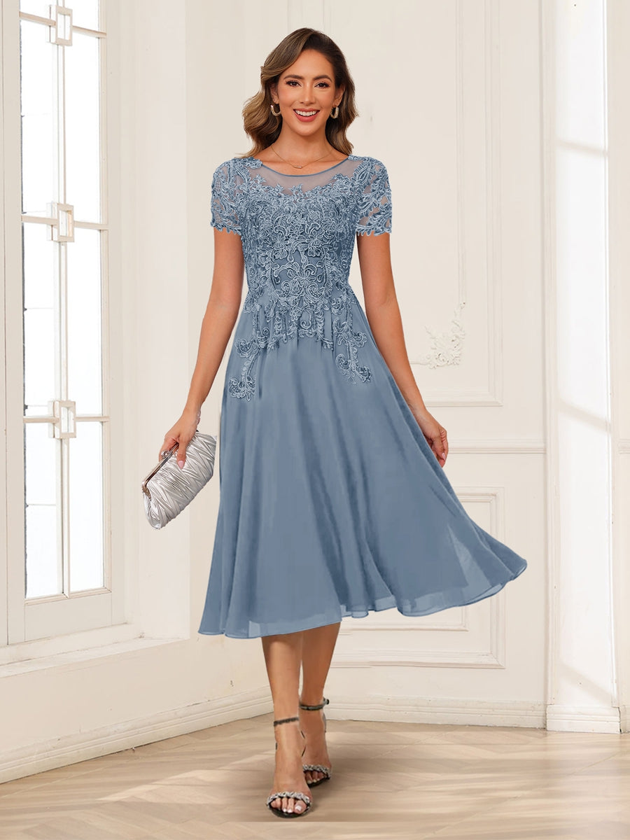 Valerie dusty blue front view mother of the bride dress