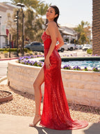 Strapless Mermaid Long Sequins Formal Prom Gown With Split