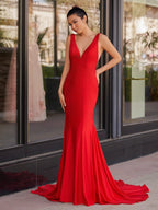 Navy Blue Satin Mermaid Evening Dress with V-Neck Neckline and Beading