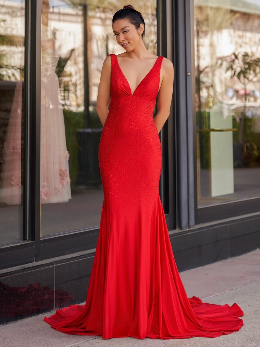 Navy Blue Satin Mermaid Evening Dress with V-Neck Neckline and Beading