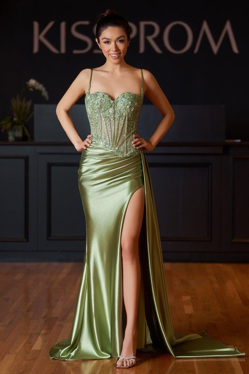 Silver Spaghetti Straps Mermaid Appliqued Formal Prom Gown With Split