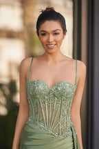 Silver Spaghetti Straps Mermaid Appliqued Formal Prom Gown With Split