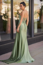 Silver Spaghetti Straps Mermaid Appliqued Formal Prom Gown With Split