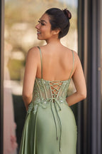 Silver Spaghetti Straps Mermaid Appliqued Formal Prom Gown With Split