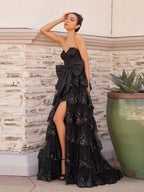 Sweetheart Light Blue Lace Appliques Ruffle Long Formal Gown