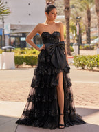 Sweetheart Light Blue Lace Appliques Ruffle Long Formal Gown