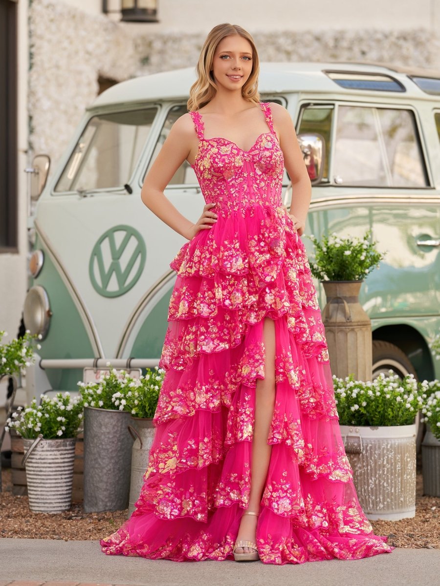A-Line Lace Off-the-Shoulder Tiered Long Formal Prom Gown with Slit