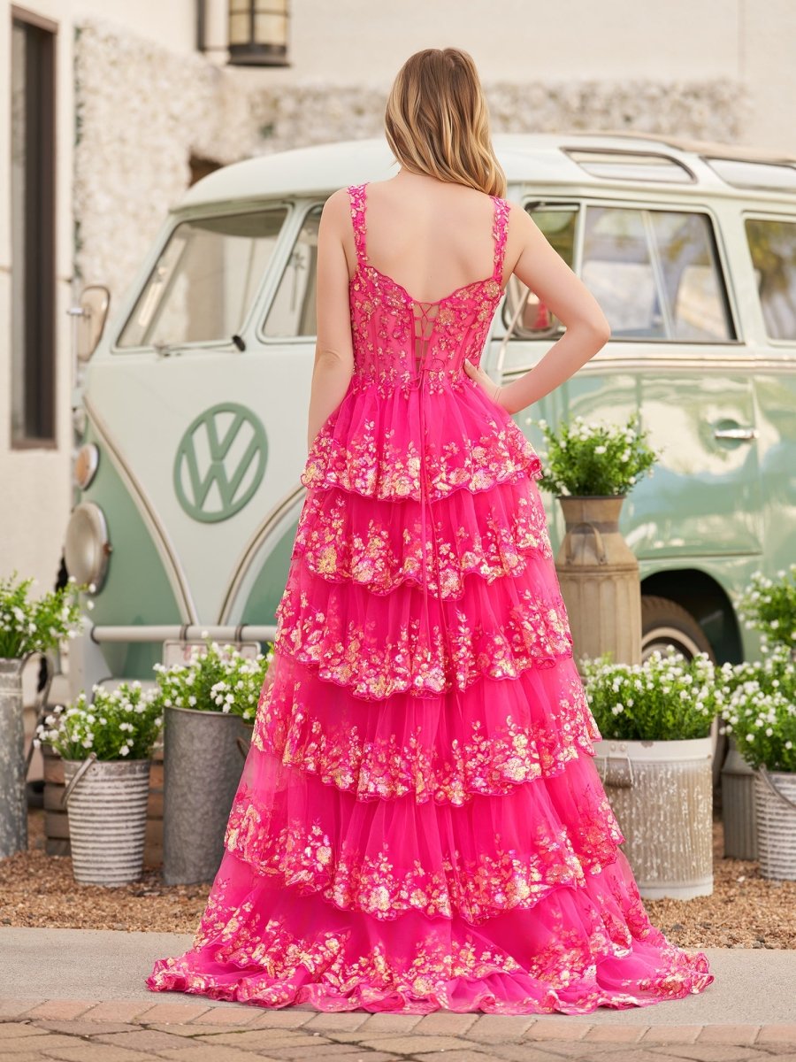 A-Line Lace Off-the-Shoulder Tiered Long Formal Prom Gown with Slit