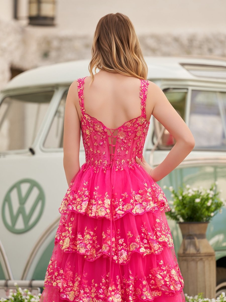 A-Line Lace Off-the-Shoulder Tiered Long Formal Prom Gown with Slit