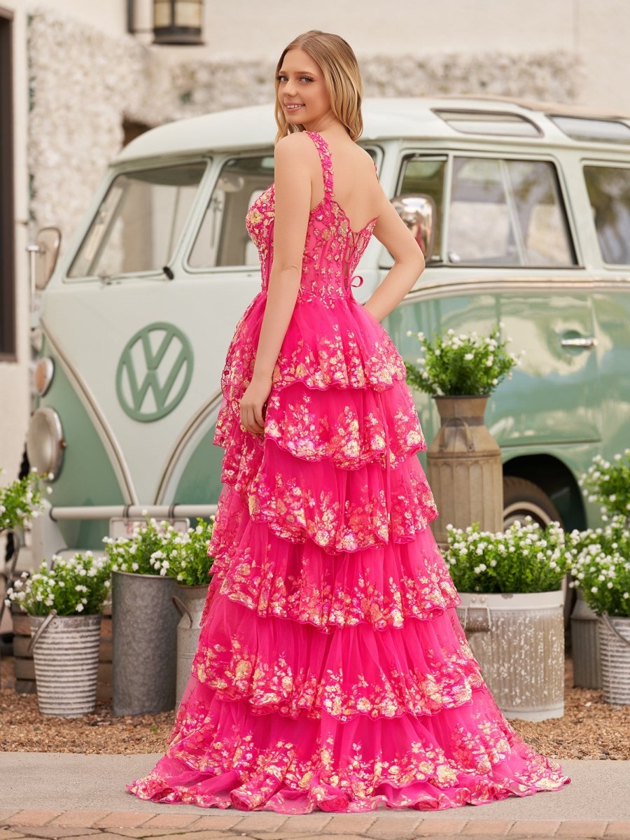 A-Line Lace Off-the-Shoulder Tiered Long Formal Prom Gown with Slit