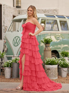 Fuchsia Chiffon A-Line Evening Dress with Sweetheart Neckline and Ruffles