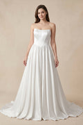 Diamond White Satin A-Line Wedding Dress with Strapless Neckline and Lace Up