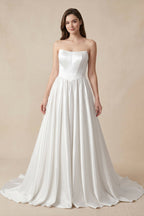 Diamond White Satin A-Line Wedding Dress with Strapless Neckline and Lace Up
