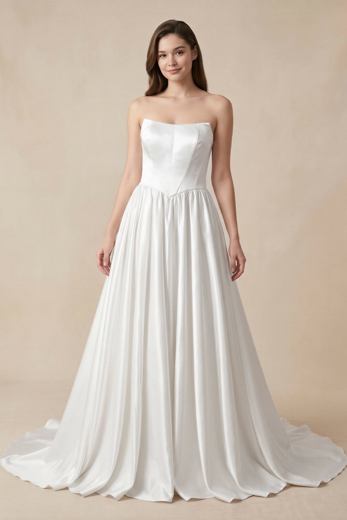 Diamond White Satin A-Line Wedding Dress with Strapless Neckline and Lace Up