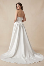 Diamond White Satin A-Line Wedding Dress with Strapless Neckline and Lace Up