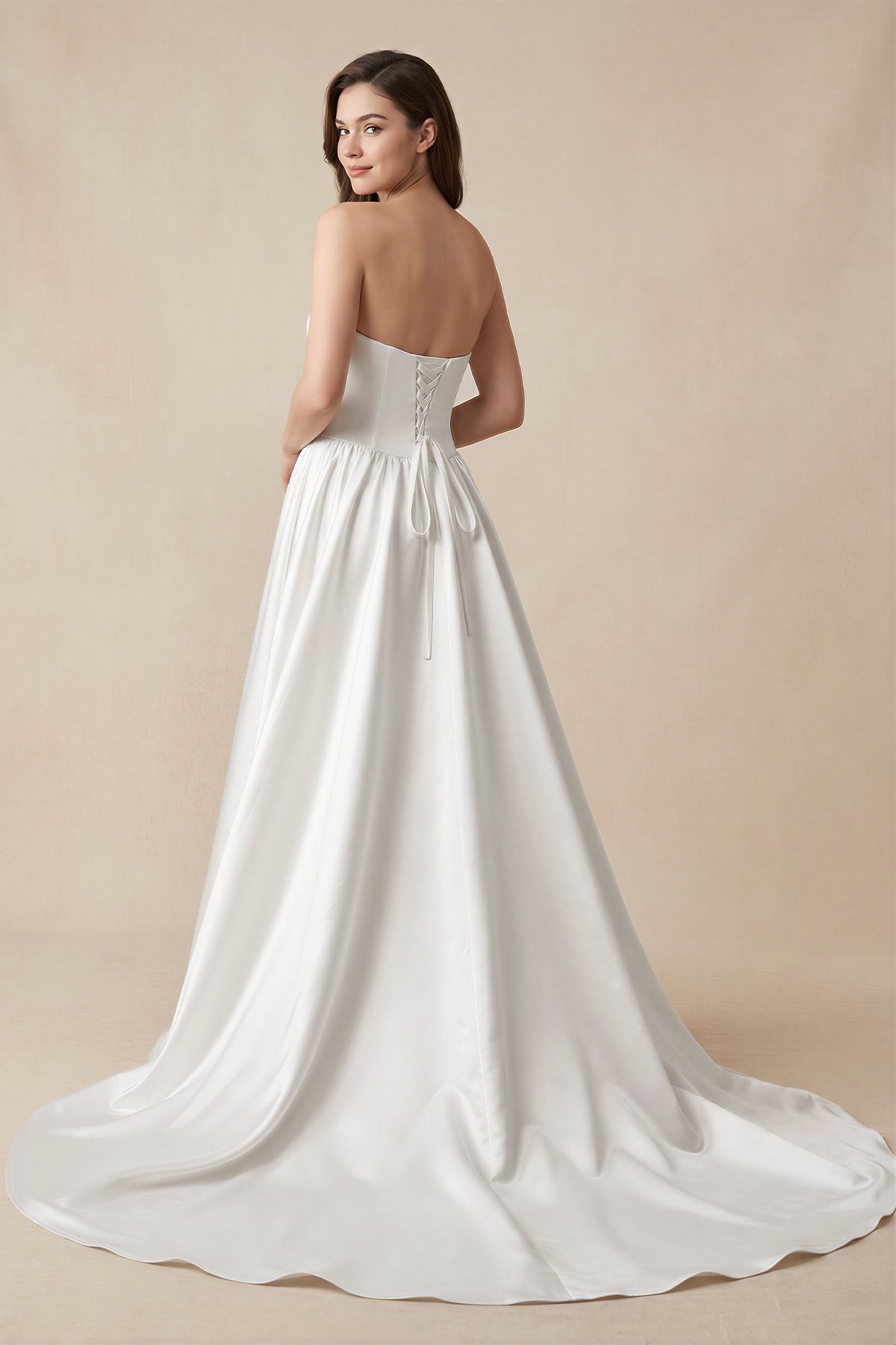 Diamond White Satin A-Line Wedding Dress with Strapless Neckline and Lace Up