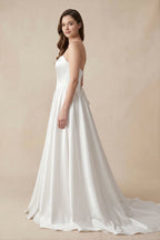 Diamond White Satin A-Line Wedding Dress with Strapless Neckline and Lace Up